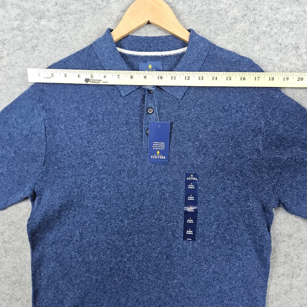 NEW Stafford Men's Navy Heather Textured Blue Polo Shirt Linen/Cotton Size S NWT